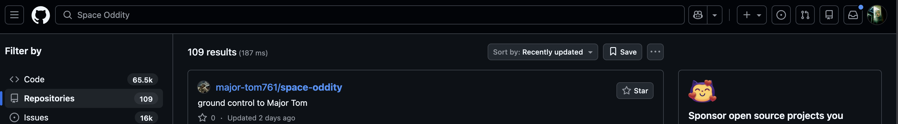 GitHub search result — major-tom761/space-oddity